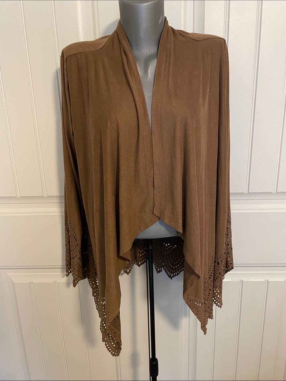 krazy kat Brown Laser-Cut Hem Draped Open-Front Poncho